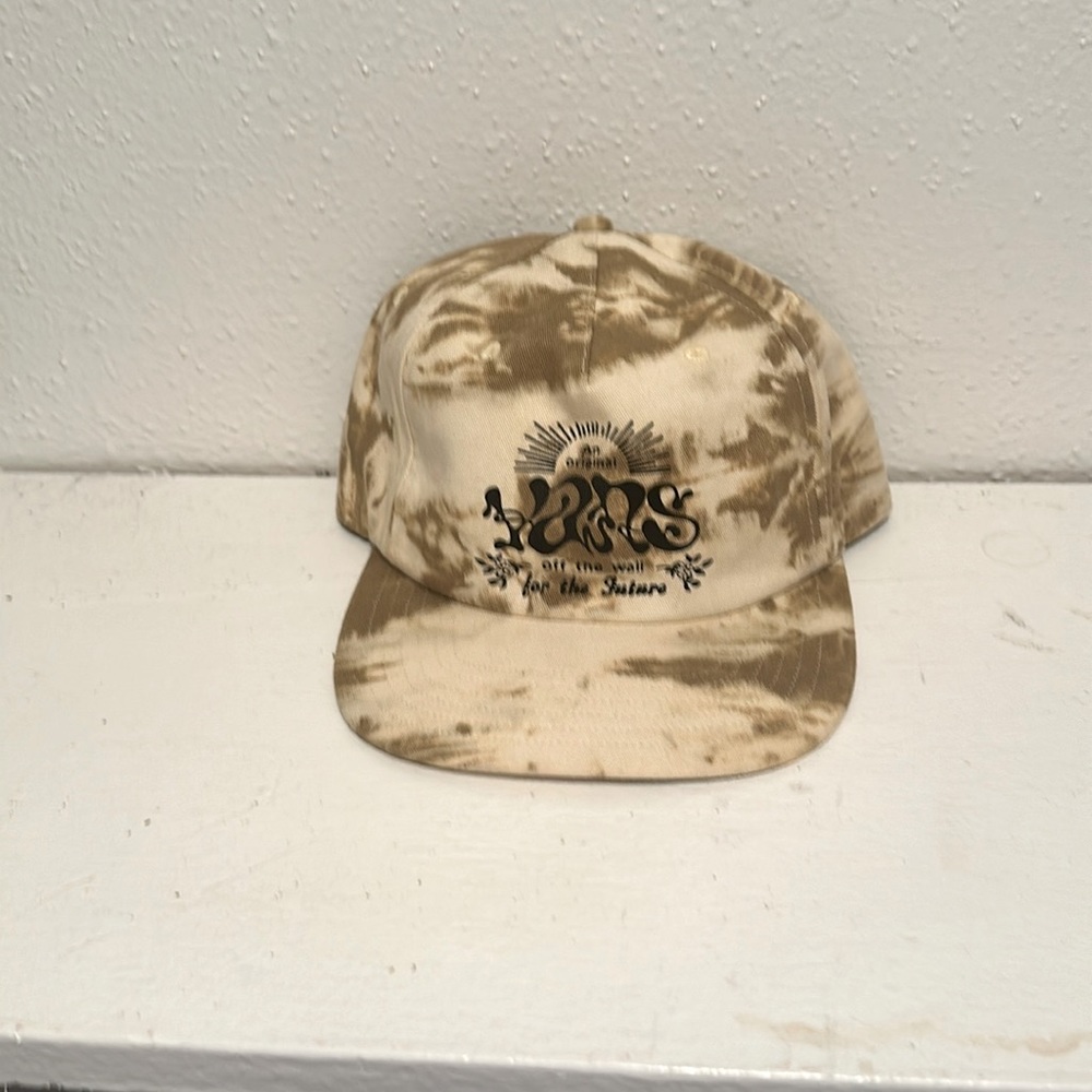 Vans For The Future Hat, tan & cream tye dye, black print on front, SnapBack